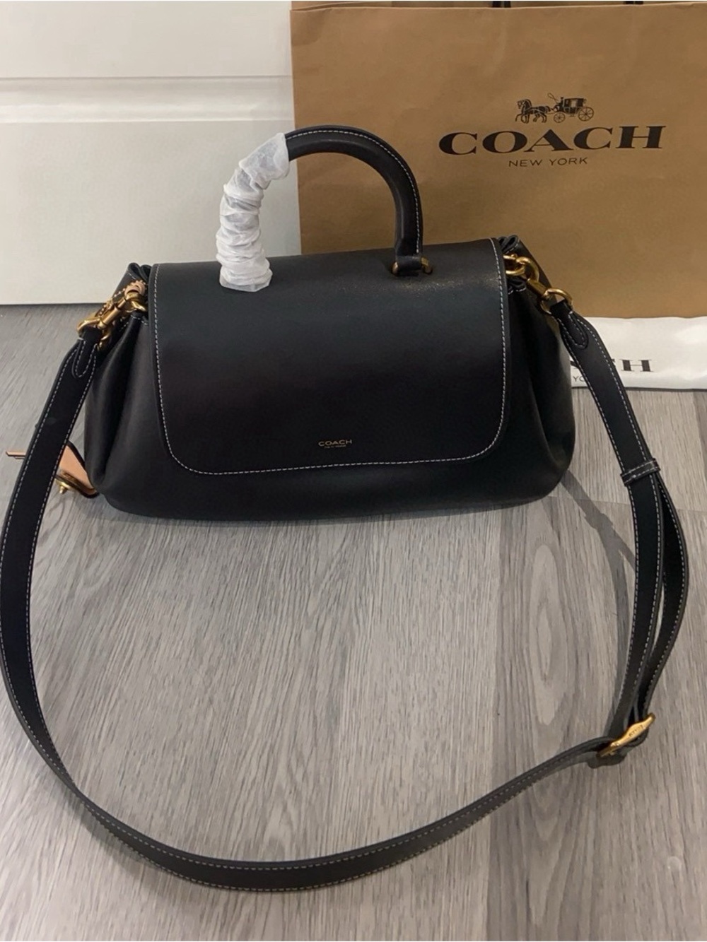 Coach Black Leather Top-Handle Shoulder Bag with Gold Hardware